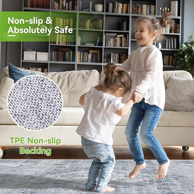 2x6 Runner Rug, Ultra-Thin Bathroom Rug, Blue Low Pile Laundry Room Mat, Machine Washable Boho Rug for Hallways Entryway Kitchen Bedside Camper