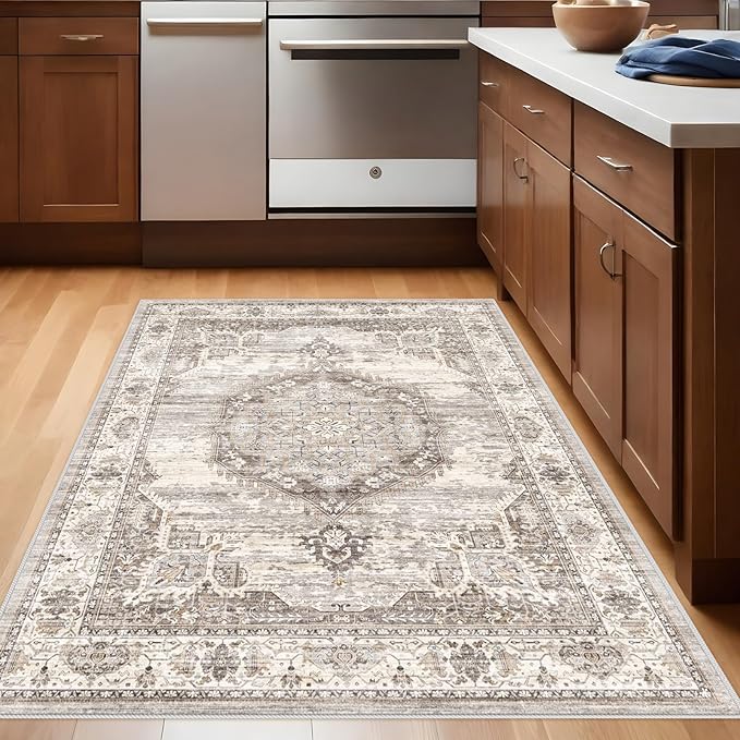 Washable Area Rugs 3x5 Entryway: Soft Ultra Thin Low Pile Mat Machine Washable Indoor Doormat Lightweight Entry Rug Anti Slip Backing Rugs for Living Room Bedroom Kitchen 3'x5' Beige