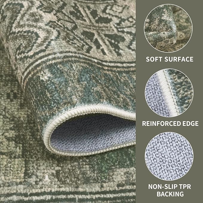 Vintage Washable Area Rug for Living Room,Low Pile 8x10 Non Slip Carpet Non-Shedding Area Rug Soft Indoor Stain Resistant Rug Floral Print Mat for Bedroom Dining Room Green