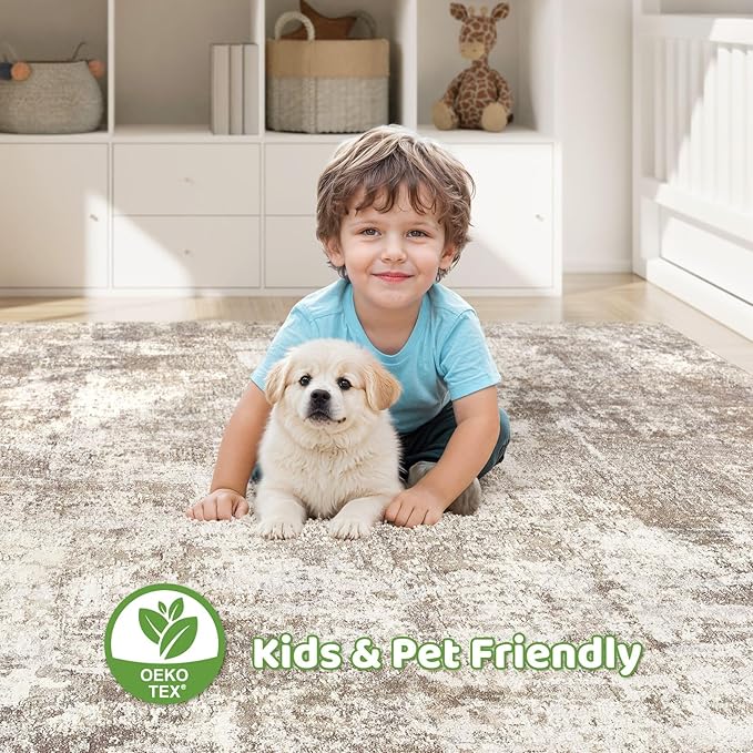 10x12 Area Rugs Living Room: Washable Large Abstract Soft Rug Stain Resistant Indoor Floor Non-Slip Accent Carpet for Women Modern Home Enthusiasts Aged 25-45 - Bedroom Nursery Playroom- Beige Brown