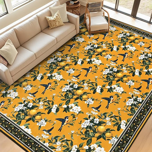 ASPMIZ Mustard Yellow Area Rug 8x10 Vintage Floral Large Rugs for Living Room Washable Lemon Throw Rugs Non Slip Foldable Soft Low Pile Floor Carpet for Bedroom Kitchen Dining Room Nursery Office