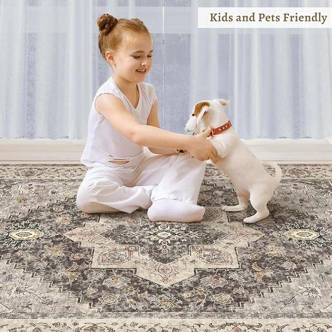 Vintage Round Rug 4ft Washable Circle Rug, Non Slip Small Boho Round Rug, Low Pile Circular Rugs, Round Carpet for Bedroom,Entryway,Nursery,Dorm,Kitchen,Brown/Grey