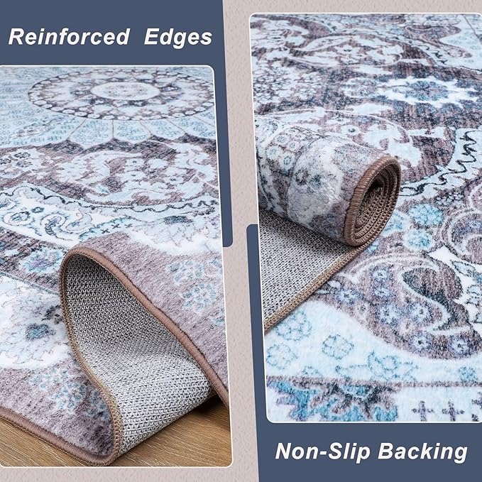 2x3 Small Area Rug for Entryway, Soft Washable Rugs with Non-Slip Backing for Bedroom Kitchen, Vintage Throw Carpet Laundry Entry Door Decor, Blue & Brown