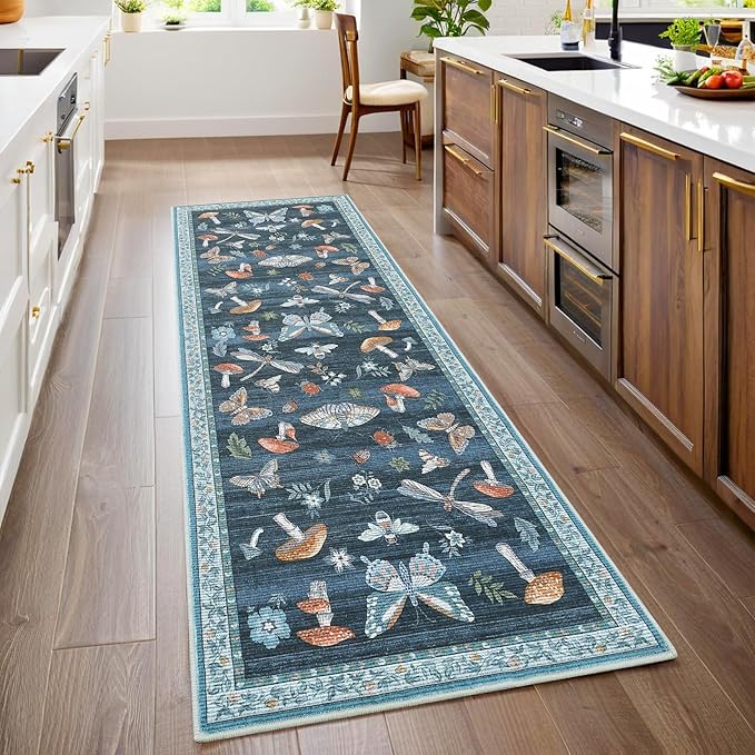 2.5x10 Runner Rug for Hallway Washable Kitchen Rugs Non Slip with Rubber Back Mushroom Soft Low-Pile Stain Resistant Foldable Indoor Carpet for Entryway Laundry Room Floor Mats Blue