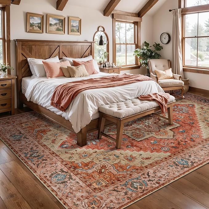 4x6 Area Rug for Living Room, Washable Vintage Rug Indoor, Distressed Carpet for Bedroom, Non Slip Dining Room Rug, Soft Low Pile Rugs Foldable Floor Rug for Dorm Bedside Bathroom