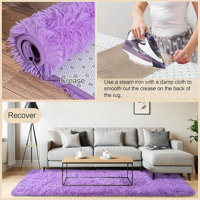 2x3 Rugs for Bedroom, Fluffy Area Rugs for Living Room, Soft Shag Kids Rug Small Carpet with 4 Non-Slip Rug Pads (Purple, 2ft x 3ft)