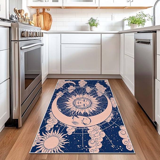3x5 Entryway Rug Hippie Tarot Celestial Sun and Moon Navy Blue Area Rug Bedroom Bedside Ultra-Thin Small Carpet Bathroom Non Slip Indoor Low Pile Door Mat Kitchen Stain Resistant Washable Machine