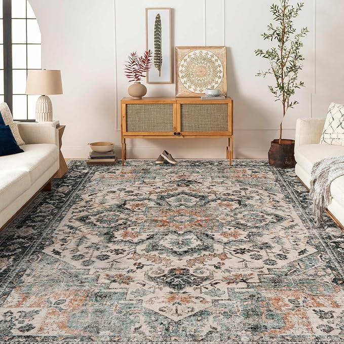 Washable Area Rug 8x10 - Living Room Farmhouse Vintage Oriental Rug Large Distressed Non-Slip Stain Resistant Carpet for Bedroom Dining Room Home Office (8x10 Sage Green/Orange)