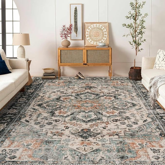 Washable Area Rug 8x10 - Living Room Farmhouse Vintage Oriental Rug Large Distressed Non-Slip Stain Resistant Carpet for Bedroom Dining Room Home Office (8x10 Sage Green/Orange)