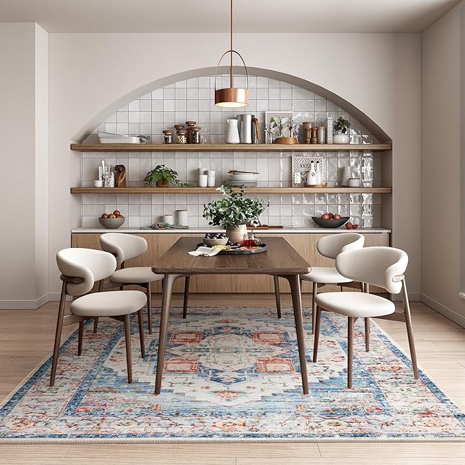 Washable 5x7 Area Rugs, Rugs for Living Room, Low-Pile Water&Stain Resistant Carpet Vintage Distressed Printed Non-Slip Carpet for Bedroom Bathroom Kitchen-Blue