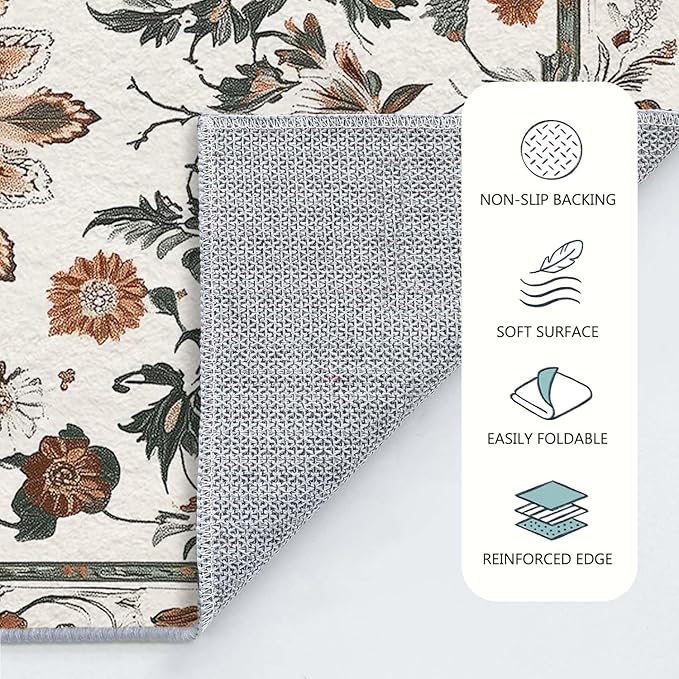 3x5 Entryway Rug Boho Leaf Beige Area Rug Indoor Entrance Non Slip Door Mat Stain Resistant Washable Machine Soft Low Pile Small Carpet Bathroom Kitchen
