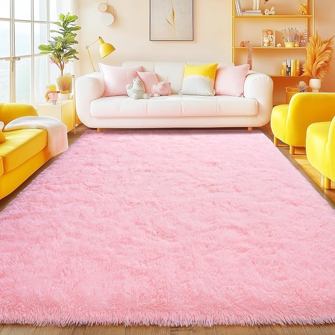 Pink Area Rugs 6x9, Anti-Skid Shaggy Fluffy Throw Carpets, Ultra Soft Plush Modern Indoor Fuzzy Floor Rug for Living Room Bedroom Kids Room Nursery Dorm Home Decor Aesthetic