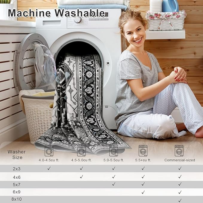 4x6 Black Grey Area Rug for Living Room, Machine Washable Rugs with Non-Slip Backing for Bedroom, Vintage Medallion Carpet Kitchen Laundry Kids Room Decor