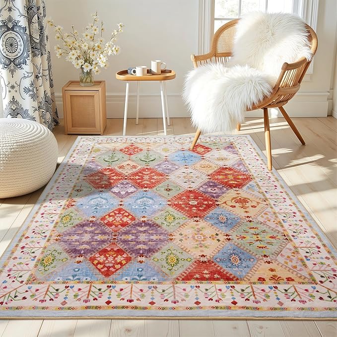 4x6 Washable Area Rug for Bedroom, Boho Non-Slip Living Room Rugs, Moroccan Floral Trellis Carpet Soft Low Pile Accent Indoor Mat for Nursery Kitchen Laundry Room, Cream