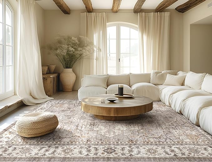 Washable Area Rugs for Living Room - 5x7 Neutral Vintage Distressed Floral Farmhouse Boho Large Soft Floor Rug Indoor Non Slip Carpet for Bedroom Dining Room Office - Grey