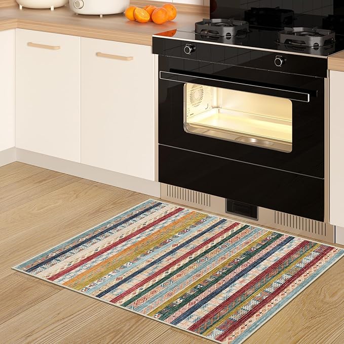 2x3 Washable Moroccan Area Rug: Geometric Boho Area Rugs for Entryway Small Mat for Kitchen with Non-Slip Backing Indoor Bedroom Door Mat Red&Blue Colourful 2'x3'.