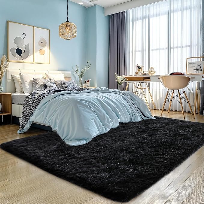Thick Area Rug Black Fluffy Shag 6x9 for Bedroom, Ultra Soft Plush Shaggy Fuzzy Washable Carpet, Modern Thickened Non-Slip Cozy Furry Rug for Living Room Kids Baby Nursery, and Dorm