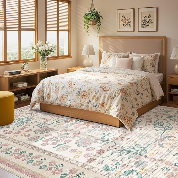 5x7 Area Rug Living Room Rugs Thickened - Washable Boho Vintage Floral Large Soft Non Slip Thin Rug Low Pile Carpet for Bedroom Dining Room Kids Playroom Office Decor Indoor- Pink 1