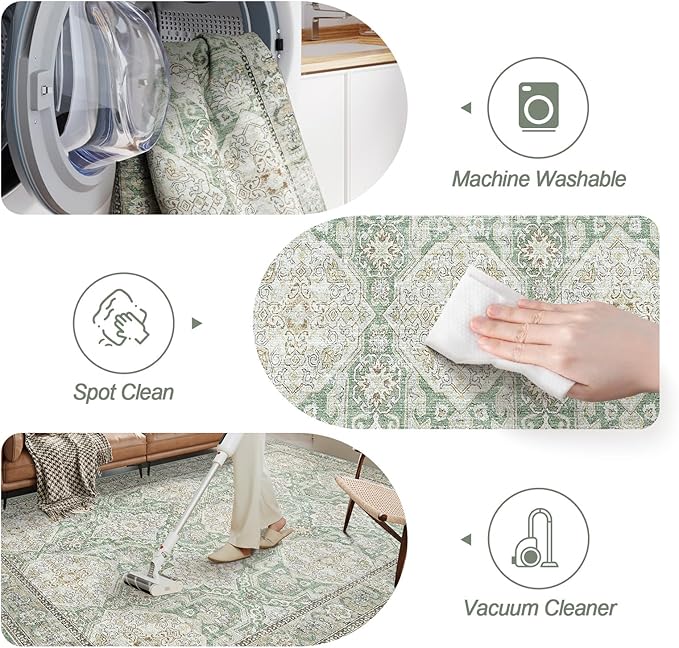 3x5 Area Rugs, Washable Rug, Small Stain Resistant Area Rug for Living Room Bedroom Kitchen Dining Room, Vintage Geometric Rug (Green, 3'x5')