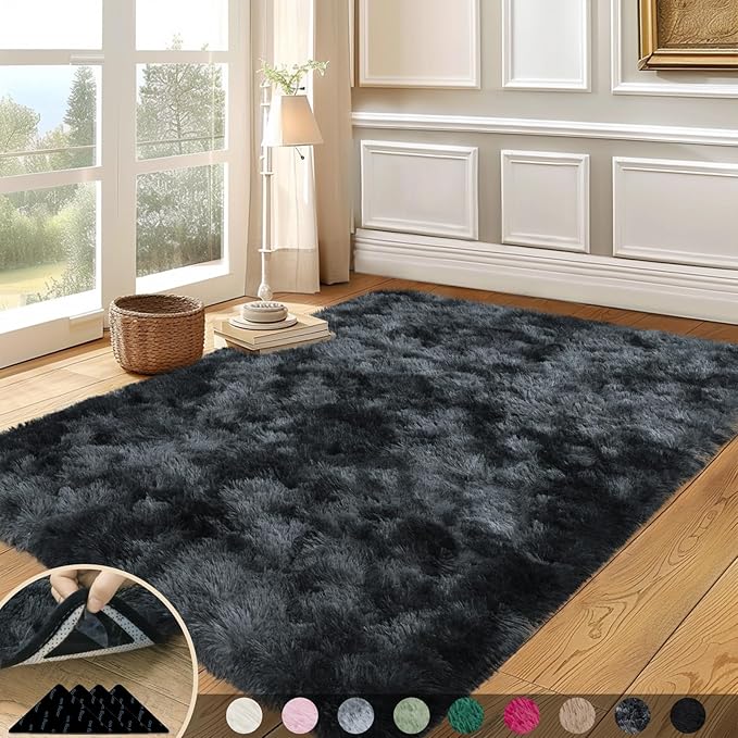 5x7 Rugs for Living Room, Large Fluffy Area Rugs for Bedroom, Soft Carpet Shag Kids Rug with 4 Non-Slip Rug Pads (Black Grey Tie-Dyed, 5ft x 7ft)