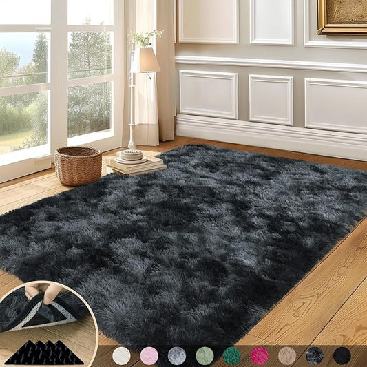 5x7 Rugs for Living Room, Large Fluffy Area Rugs for Bedroom, Soft Carpet Shag Kids Rug with 4 Non-Slip Rug Pads (Black Grey Tie-Dyed, 5ft x 7ft)