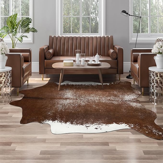 AROGAN Western Decor Faux Fur Cowhide Rug, Large Size Premium Animal Skin Cow Hide Rug, Sturdy Cow Print Rugs for Wall Decor, Western Floor Carpet for Bedroom Living Room, Brown