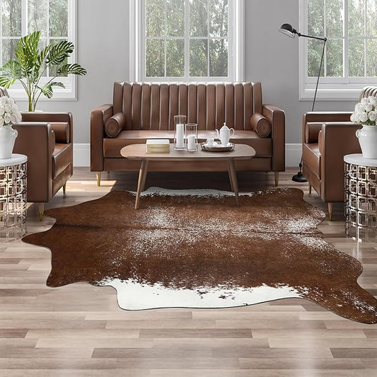 AROGAN 6×7.2 Feet Western Decor Faux Fur Cowhide Rug, Feet Premium Animal Skin Cow Hide Rug, Sturdy Cow Print Rugs for Wall Decor, Western Floor Carpet for Bedroom Living Room, Dark Brown