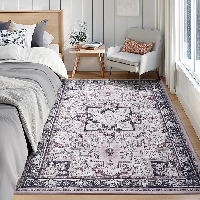 3x5 Area Rug, Vintage Floral Rug for Living Room, Small Area Rugs for Bedroom, Non-Slip Washable Rug, Traditional Persian Boho Style, Fluffy Low-Pile Soft Carpet, Black and Pink