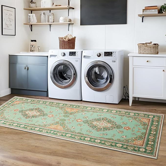 Tepook 2x6 Vintage Runner Rug - Low Pile Washable Non-Slip Carpet for Hallway, Kitchen, Bedroom, Entryway, Laundry Room, Bathroom - Indoor Throw Rug in Green