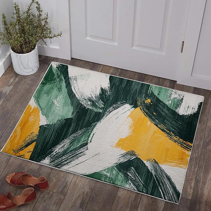 Bathroom Mat Green Gold Modern Abstract Rugs Contemporary Machine Washable Soft Plush Rug Carpet Non Slip Boho Aesthetic Area Rug for Entryway Kitchen Living Room Bedroom Dining Room Home 20x31.5 Inch