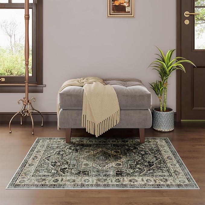 Dripex 2x3 Area Rugs, Machine Washable Non Slip Boho Rugs,Distressed Small Entryway Rug Doormat, 0.24" Low Pile Vintage Rug, Floor Carpet for Front Entrance Kitchen Bathroom,Dark Blue and Green