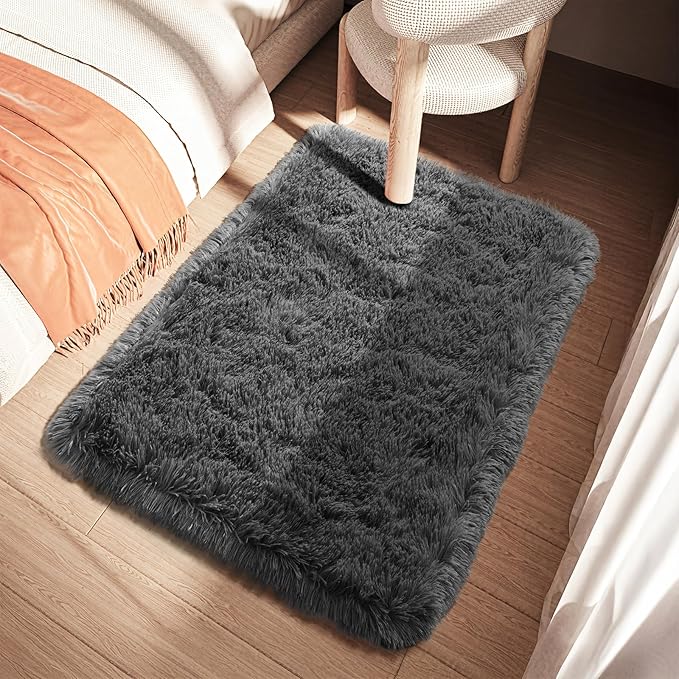 Grey Rug for Bedroom, 2x3 Fluffy Area Rugs for Kids Playroom, Furry Carpet for Nursery Room, Shaggy Rug for Teen Living Room, Thick Fuzzy Plush Rug for Dorm, Cute Room Decor for Baby