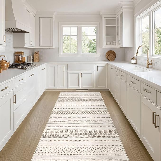 Runner Rug Kitchen Washable Rugs: 2x6 Non-Slip Boho Soft Modern Stain Resistant Indoor Floor Neutral Farmhouse Throw Carpet for Hallway Bathroom Laundry Room Entryway Bedroom- Brown
