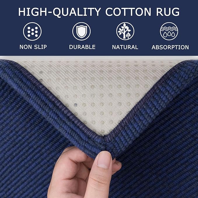 KOZYFLY Washable Runner Rug 2x6 Ft Runners for Hallways Kitchen Runner Rugs with Rubber Backing Braided Cotton Entryway Runner Indoor, Carpet Runners for Hallway Entryway Bedroom, Navy/Dark Navy