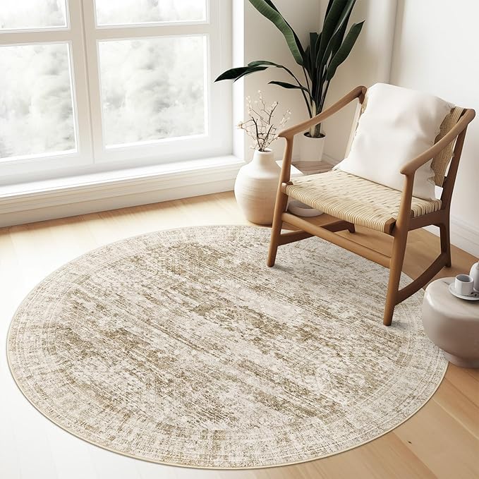 4x4 Brown Round Rug 4ft Entryway Rug Vintage Round Area Rug Non-Slip Indoor Carpet for Living Room Dining Room Bedroom