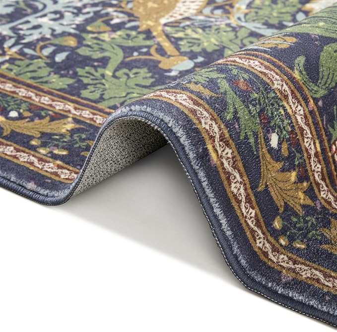 Strawberry Thief Area Rug Dark Green, Ultra Thin 5x7 Washable Rug, Modern Abstract Indoor Entryway Rug, Boho Vintage Floral Forest Botanical Accent Carpet for Bedroom Kitchen Dining Living Room