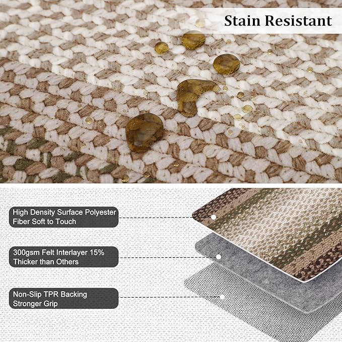 Imitation Braided Collection-Print Washable Runner Rugs 2x6 Hallway Rug with Non-Slip Backing, Farmhouse Low PileCarpet, Contemporary Bordered Indoor Mat for Bedroom, Kitchen, Laundry