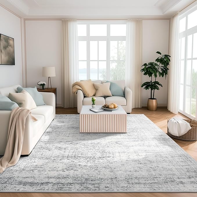 10x14 Area Rugs for Living Room, Non Slip Machine Washable Vintage Rugs, Low Pile Lightweight Large Rug for Bedroom, Dining Room, Home Office Grey