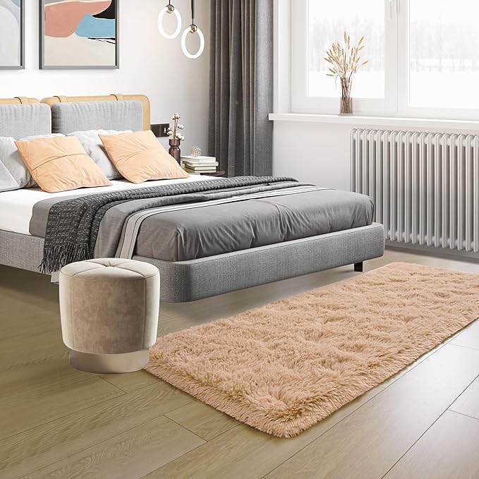 Tepook Soft Runner Rugs for Bedroom 2x6 ft with Rubber Backing, Beige Fluffy Rugs for Living Room, Shag Bedside Rug Fuzzy Plush Carpet for Room, Area Rug for Dorm Nursery Hallway Indoor Home Decor