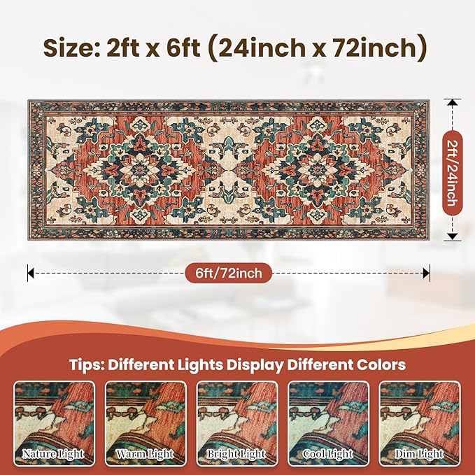 2x6 Machine Washable Non-Slip Rug & Mat - Soft Faux Wool & Polyester, Boho Stain-Resistant Indoor Carpet for Bathroom, Hallway, Kitchen, Entryway, Laundry, Living Room, Low Pile, High Traffic