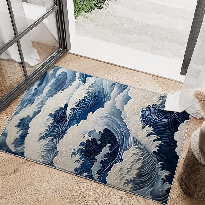 Bathroom Mat Ocean Wave Japanese Rugs Oriental Modern Machine Washable Soft Plush Rug Carpet Non Slip Nautical Navy Blue Area Rug for Entryway Kitchen Living Room Bedroom Dining Room Home 20x31.5 Inch
