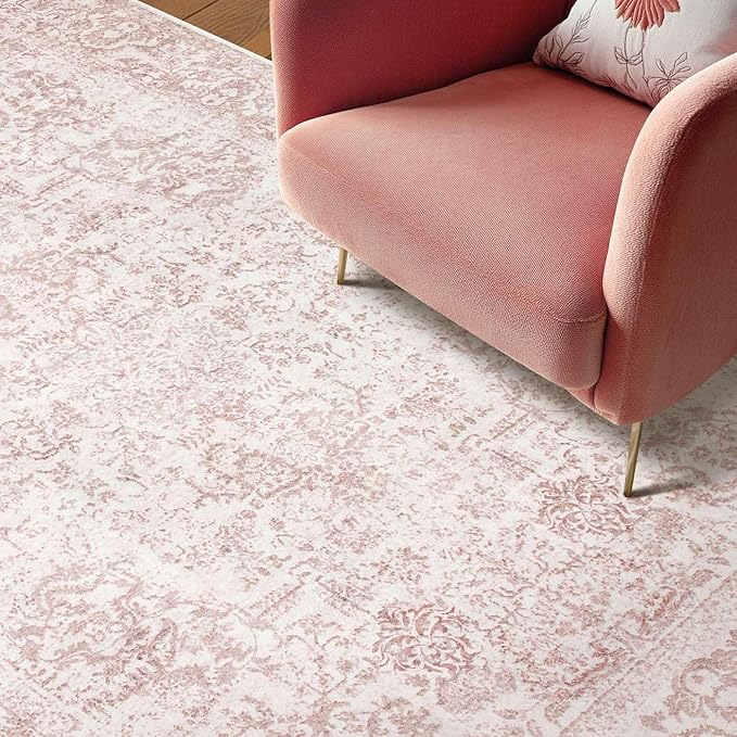 4x6 Washable Area Rug for Living Room & Bedroom, Light Pink Rugs for Women, Non Slip, Durable Low Pile Carpet, Vintage Carpets for Office, Dining Room, Kids Room and Farmhouse
