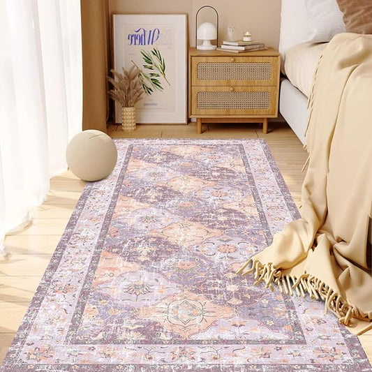 Boho Vintage Area Rugs 2×6 Washable Non-Slip Traditional Mauve Purple Runner Rug for Hallway Kitchen Entryway