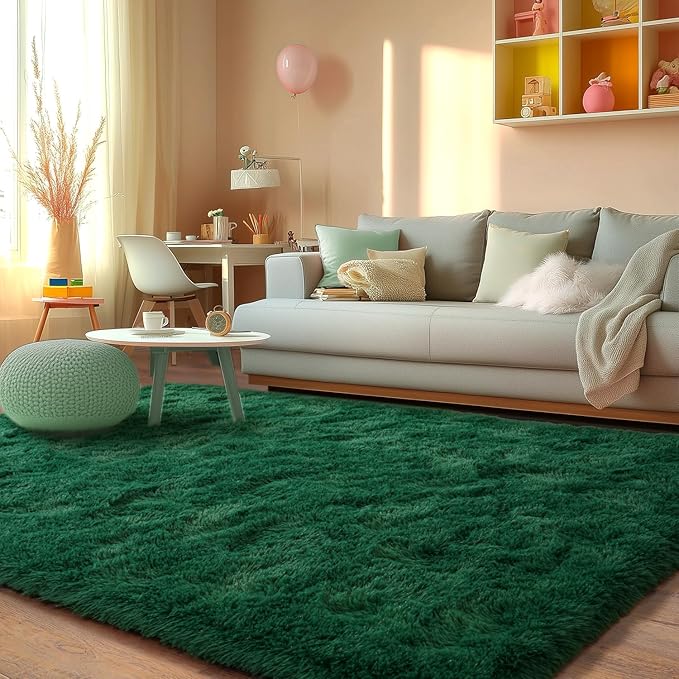 Modern Fluffy Area Rug, Green, 6x9 Feet, Machine Made, Tie-Dye, Rectangular, Microfiber, Indoor, Stain Resistant, Hand Wash Only