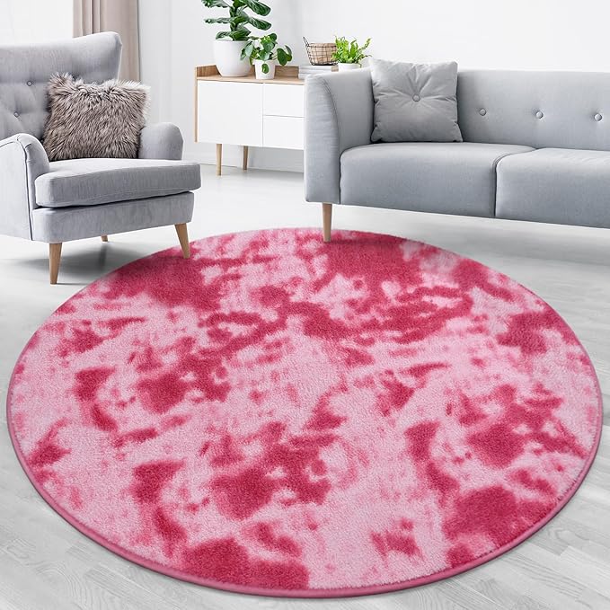 Lascpt Round Rug for Bedroom 5x5, Tie-Dyed Pink Circle Rug for Living Room Super Soft Thicken Memory Foam Circular Rug, Indoor Area Rug for Modern Home Decor, Round Carpet for Nursery Kid's Room