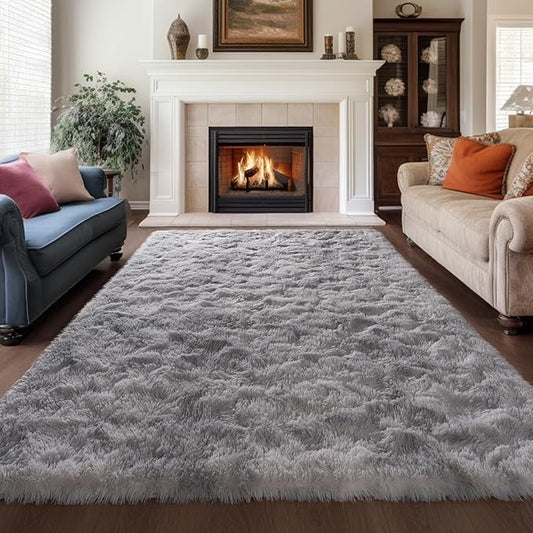 Zentavio Grey and White Area Rugs for Living Room Large Men Room Carpet 8x10 Bedroom Fluffy Furry Shag Aesthetic Plush High Pile Floor Rug for Kids Room Dorm Home Decor Tie-Dyed