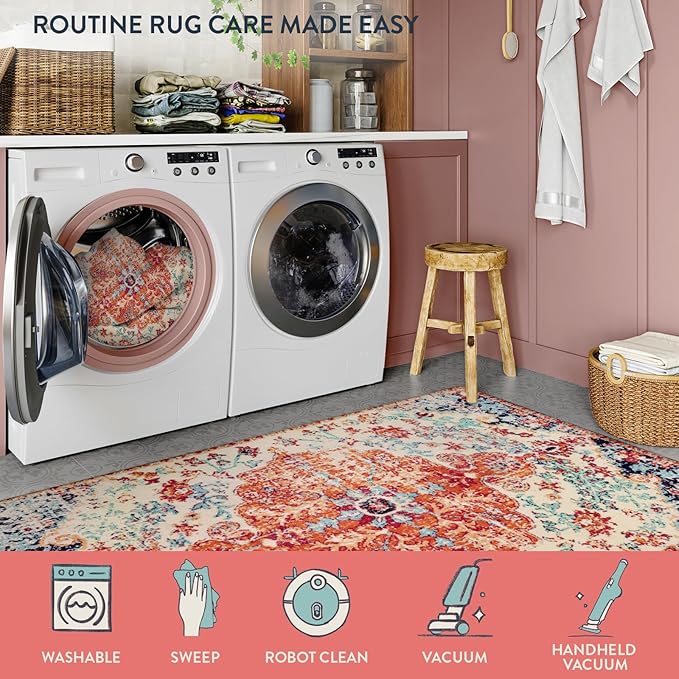 Lahome Bohemian Floral Medallion Area Rug - 4x6 Oriental Distressed Bedroom Rug Country Vintage Faux Wool Indoor Throw Mat Non-Slip Washable Low-Pile Carpet for Bathroom Living Kitchen Laundry Room