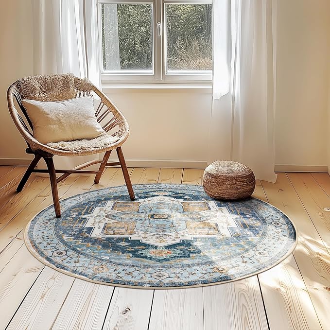 Washable 4ft Area Rugs, Rugs for Living Room, Low-Pile Water&Stain Resistant Carpet Vintage Distressed Printed Non-Slip Carpet for Bedroom Bathroom Kitchen-Sky Blue