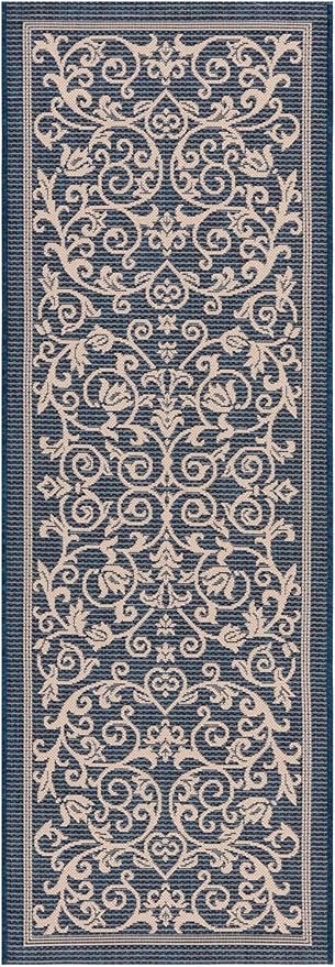 SAFAVIEH Courtyard Collection Runner Rug - 2'3" x 10', Navy & Beige, Scroll Design, Non-Shedding & Easy Care, Indoor/Outdoor & Washable-Ideal for Patio, Backyard, Mudroom (CY2098-268)