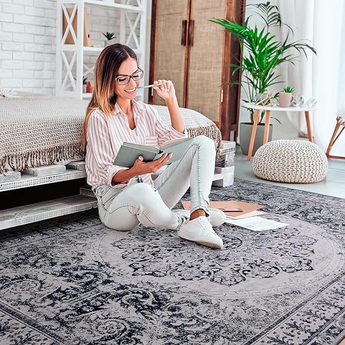 YJ.GWL Area Rug for Living Room, 3x5 Machine Washable Boho Rug for Bedroom, Low Pile Lightweight Thin Rugs Floral Vintage Distress Print Pattern Carpet for Dining Room Kitchen, Navy/White